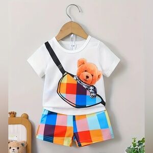 Plaid Bear Graphic Kids Tee and Shorts Set